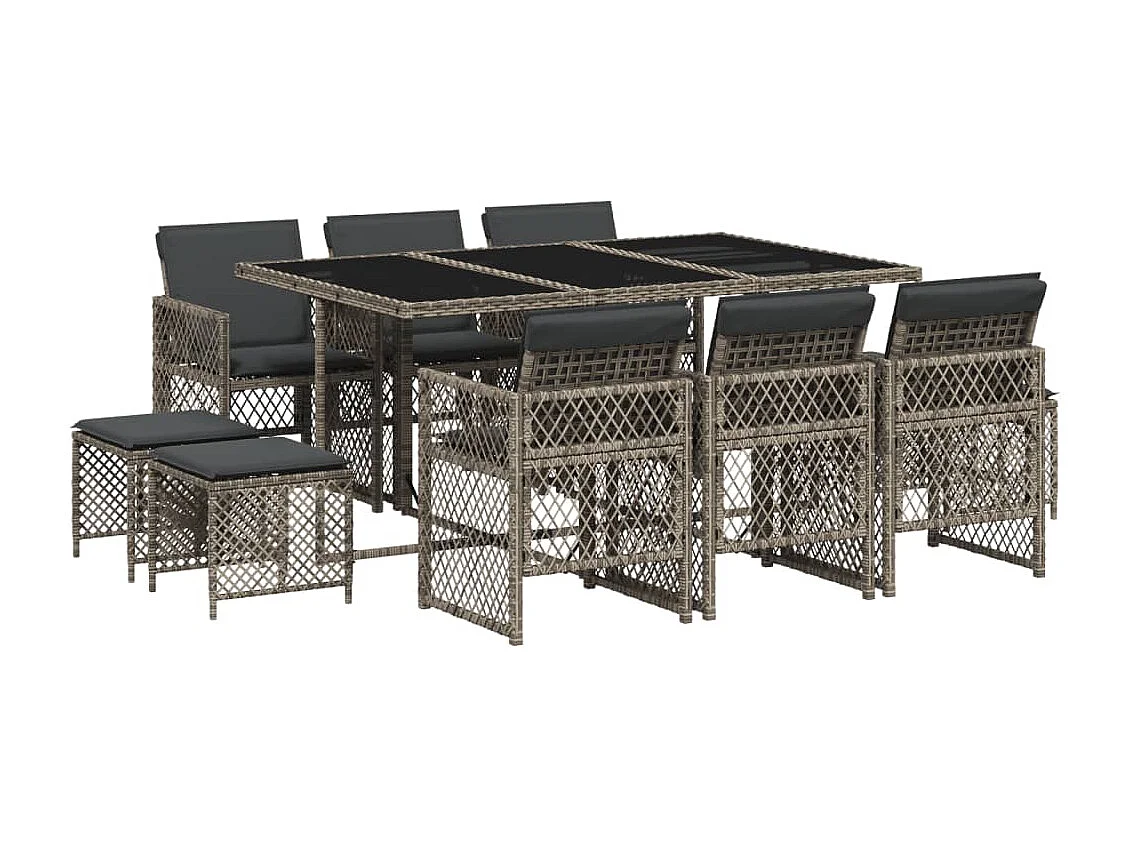 11-delige Tuinset met kussens poly rattan grijs