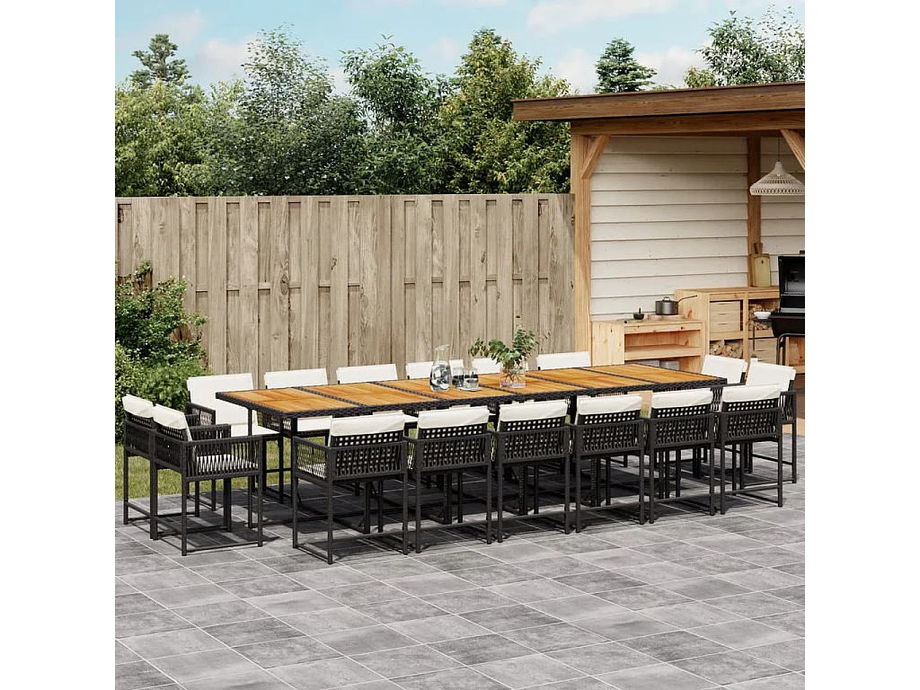 17 peças conjunto de jantar para jardim com almofadões vime PE preto