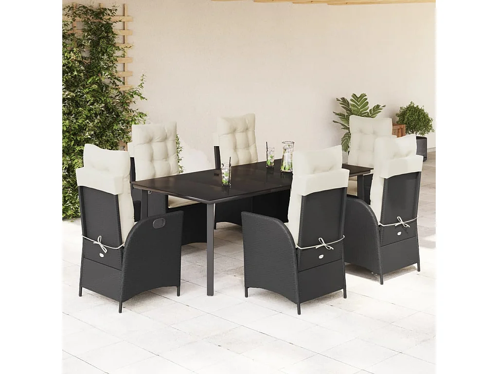 Ensemble à manger de jardin coussins 7 pièces Noir Résine tressée