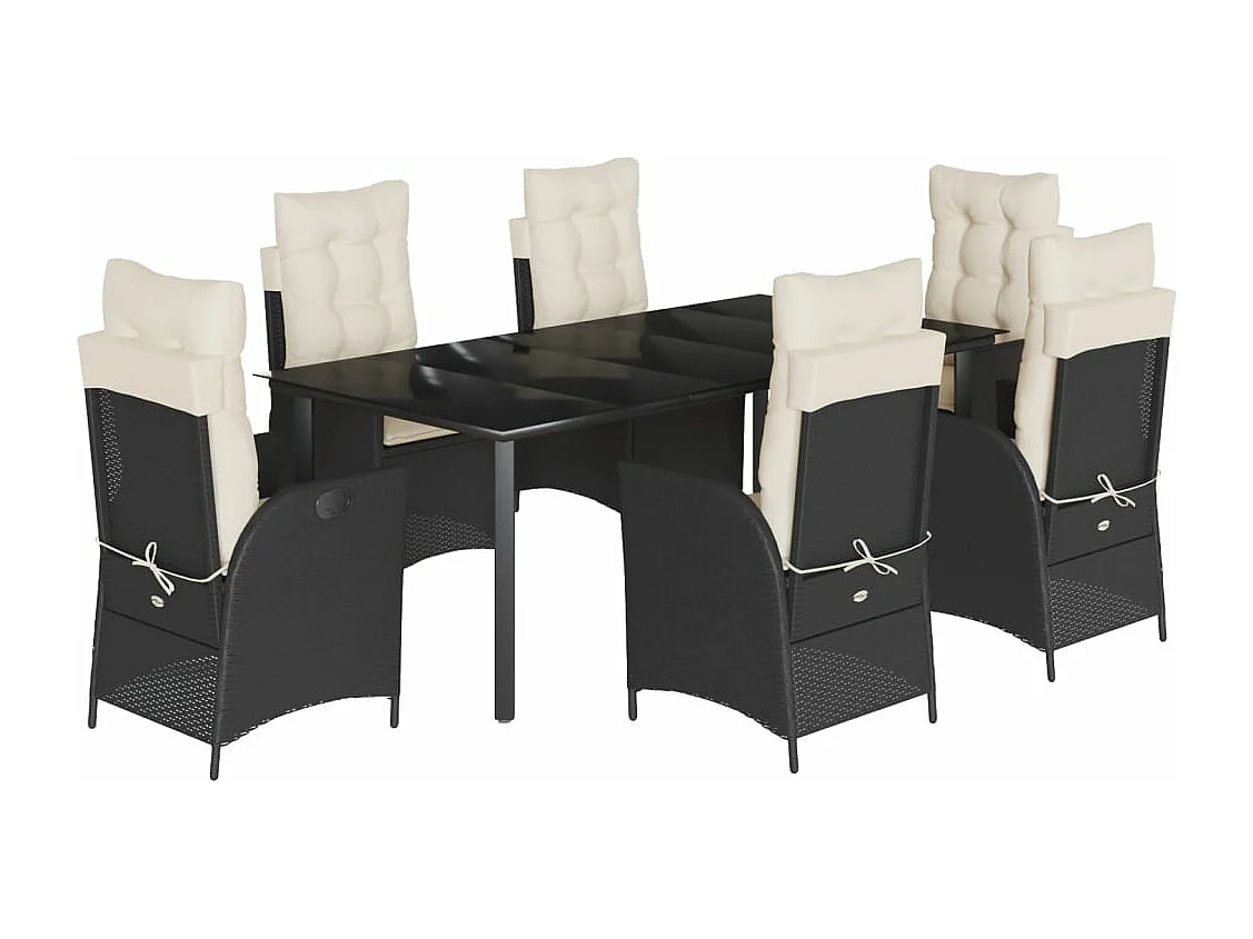 Ensemble à manger de jardin coussins 7 pièces Noir Résine tressée