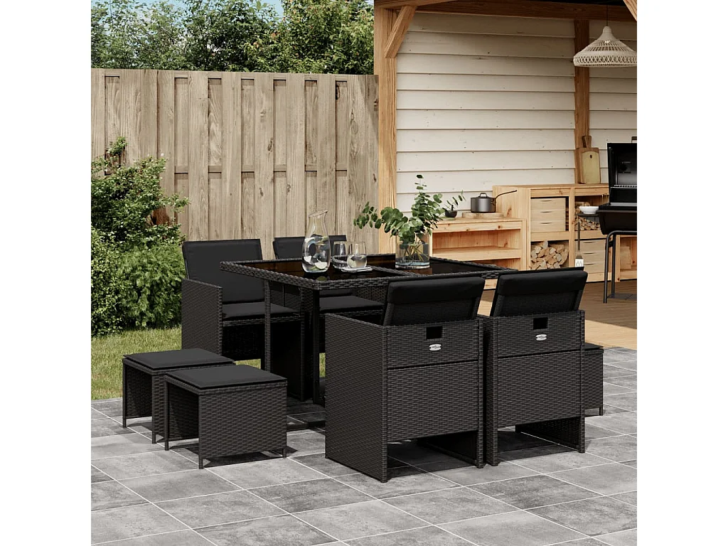Set de comedor de jardín 9 piezas y cojines ratán sintético negro