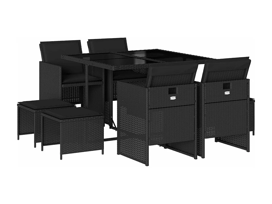 Set de comedor de jardín 9 piezas y cojines ratán sintético negro