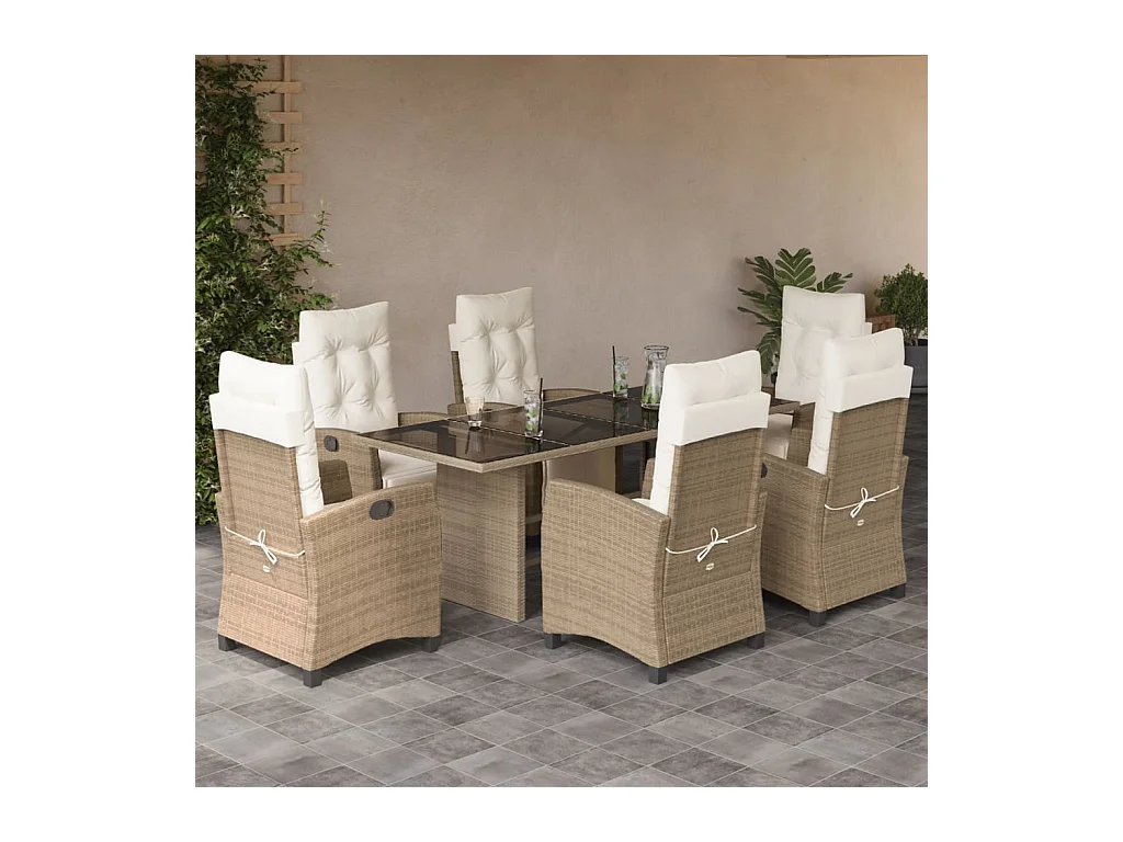Set comedor de jardín 7 piezas con cojines ratán sintético beige