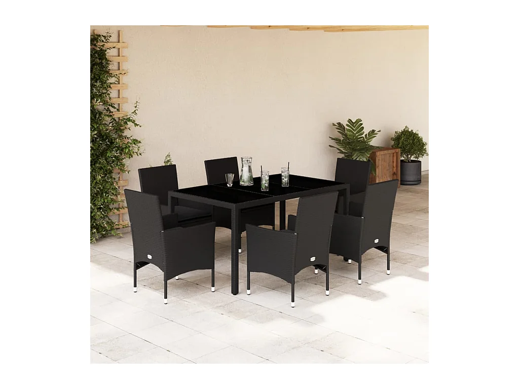 Ensemble à manger de jardin et coussins 7 pièces noir rotin acacia