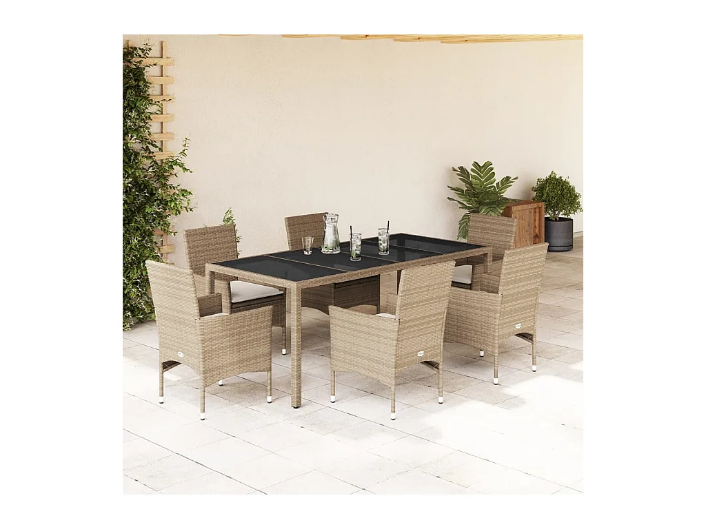 Ensemble à manger de jardin et coussins 7 pièces beige rotin verre