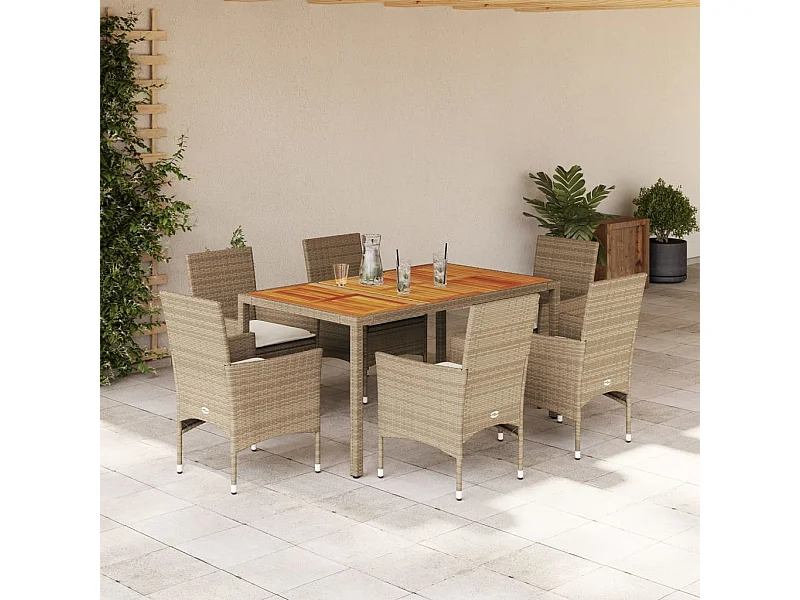 Ensemble à manger de jardin et coussins 7 pièces beige rotin acacia