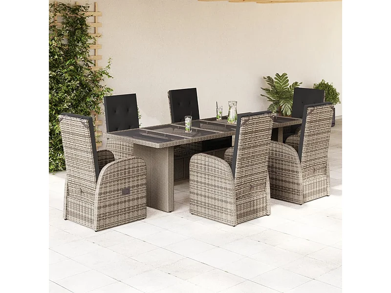 Ensemble à manger de jardin et coussins 7 pièces gris rotin