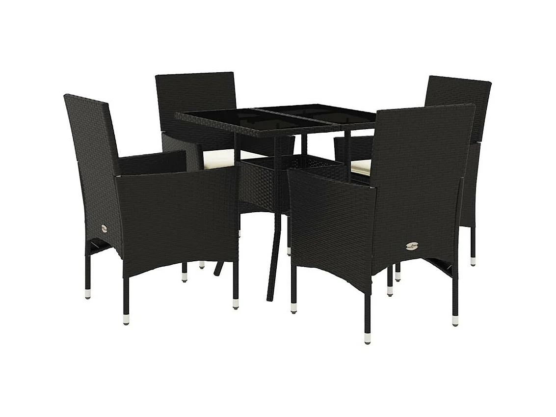 Ensemble à manger de jardin et coussins 5 pièces noir rotin verre