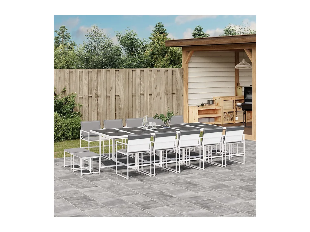 Ensemble à manger de jardin avec coussins 15 pièces blanc textilène