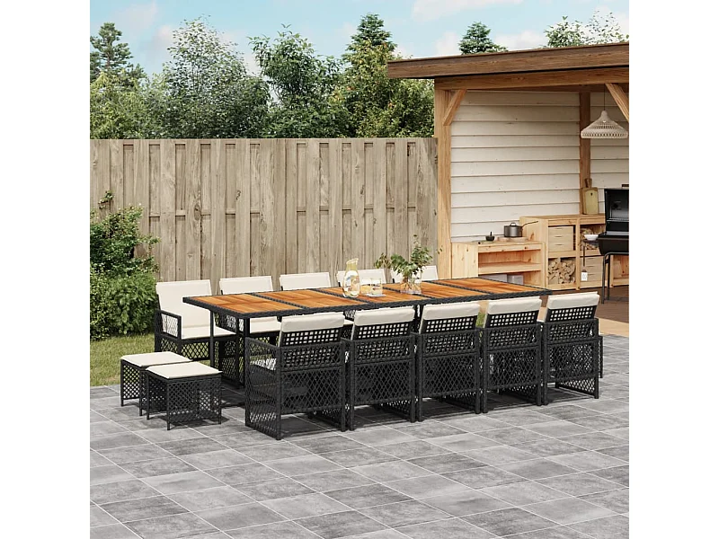 Set comedor de jardín con cojines 15 piezas ratán sintético negro
