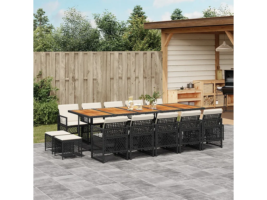 Set comedor de jardín con cojines 15 piezas ratán sintético negro
