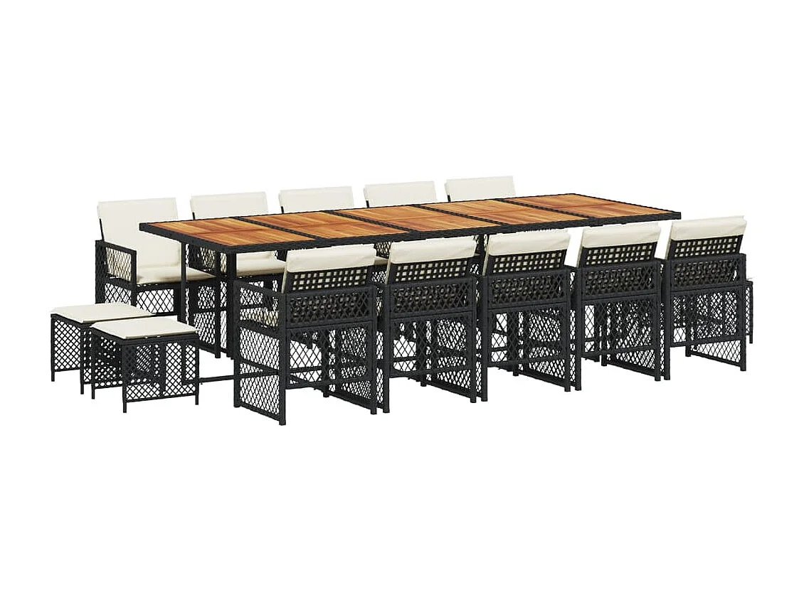 Set comedor de jardín con cojines 15 piezas ratán sintético negro