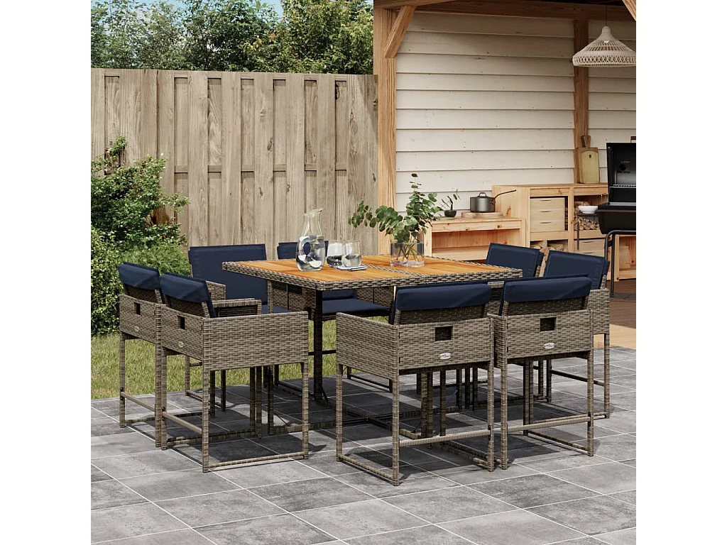 Set comedor jardín 9 piezas y cojines ratán sintético gris