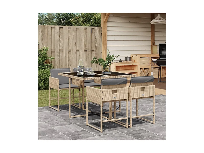 5 peças conj. jantar jardim com almofadões vime PE bege misturado