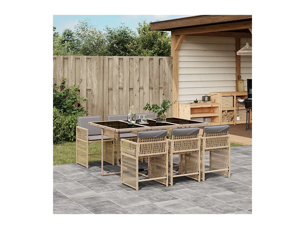 Ensemble à manger de jardin coussins 7 pièces mélange beige rotin