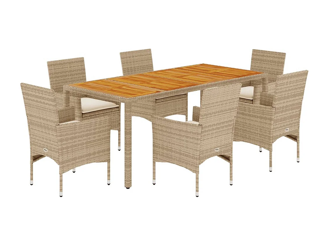 Ensemble à manger de jardin et coussins 7 pièces beige rotin acacia