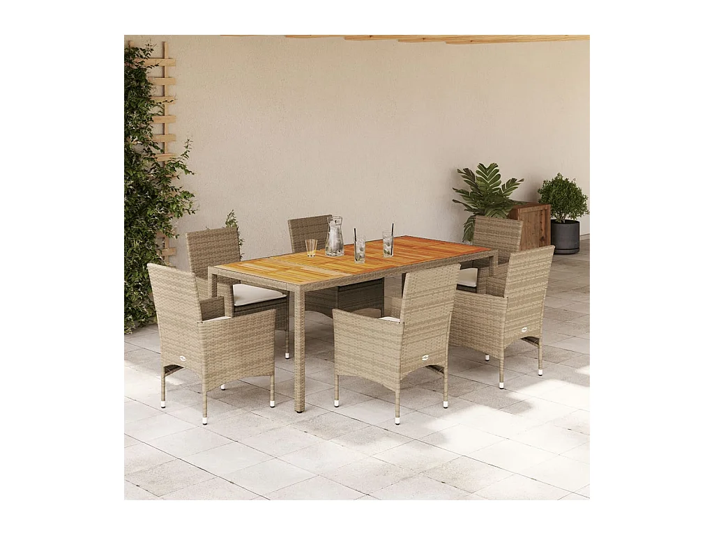 Ensemble à manger de jardin et coussins 7 pièces beige rotin acacia