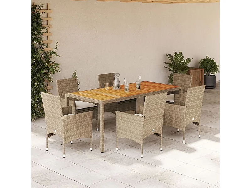 Ensemble à manger de jardin et coussins 7 pièces beige rotin acacia