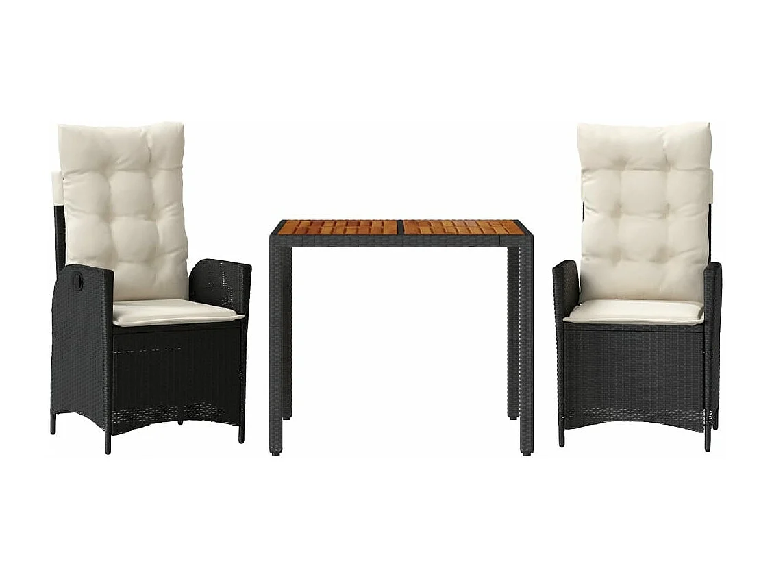 Set comedor de jardín 3 piezas con cojines ratán sintético negro