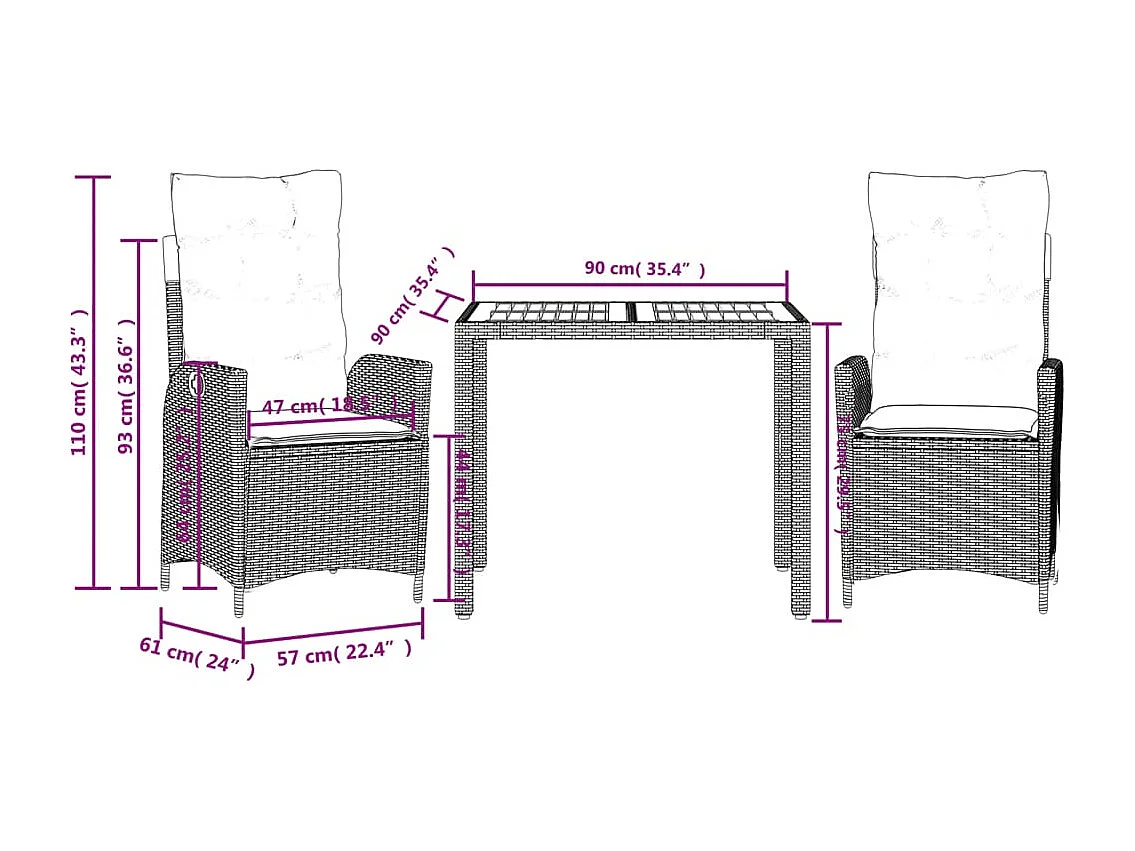 Set comedor de jardín 3 piezas con cojines ratán sintético negro