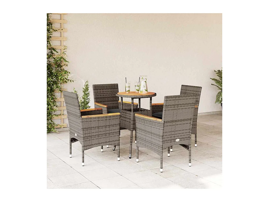 Ensemble à manger de jardin et coussins 5 pièces gris rotin acacia