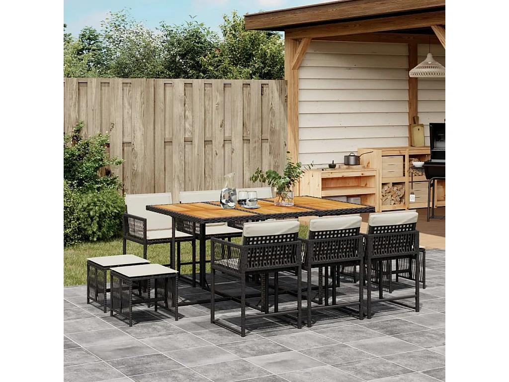 11-delige Tuinset met kussens poly rattan zwart