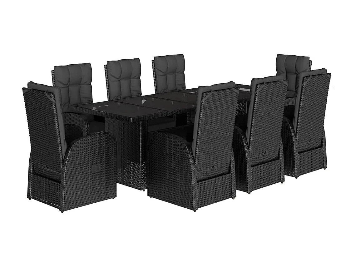 Set de comedor de jardín 9 piezas y cojines ratán sintético negro