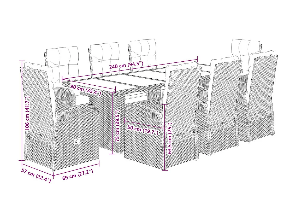Set de comedor de jardín 9 piezas y cojines ratán sintético negro