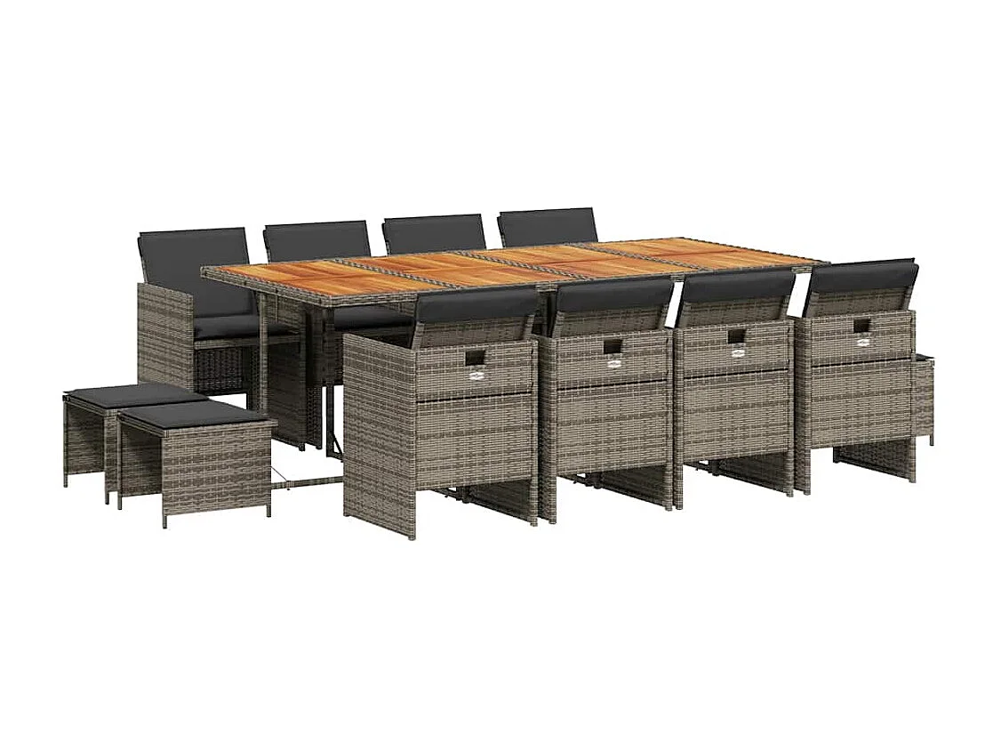Set comedor de jardín con cojines 13 piezas ratán sintético gris
