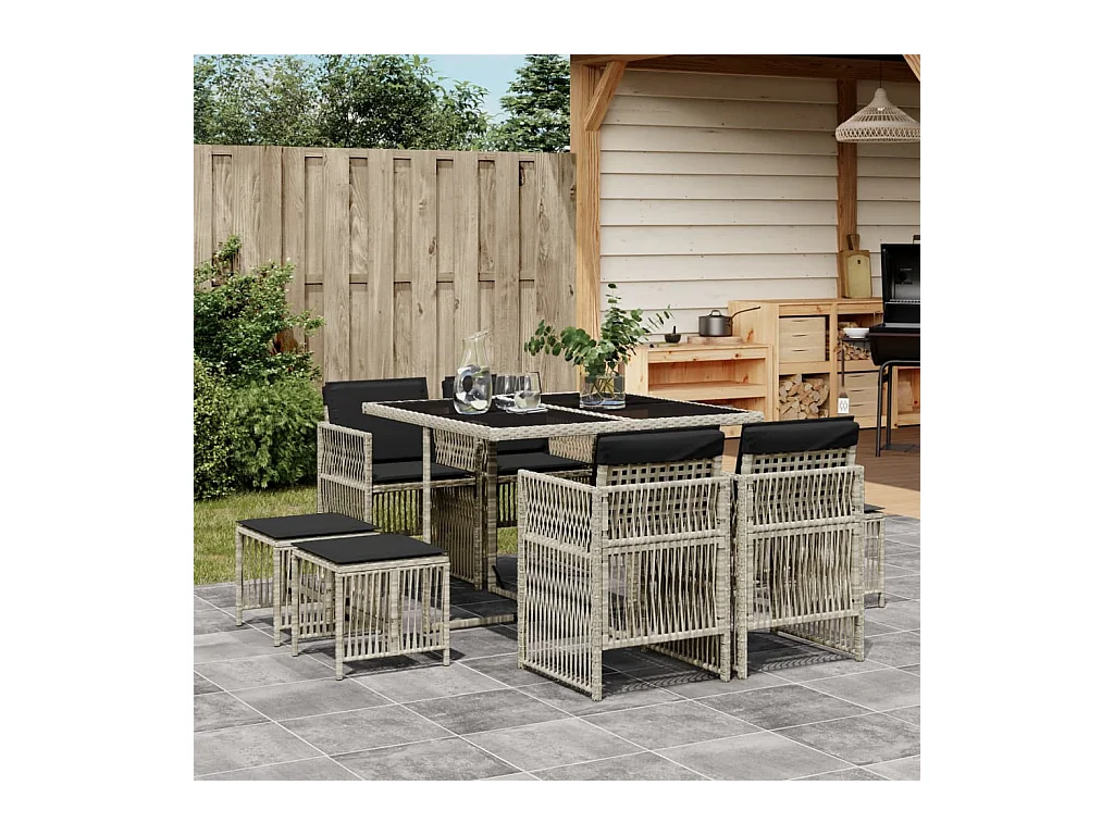 Ensemble à manger de jardin et coussins 9 pièces gris clair rotin