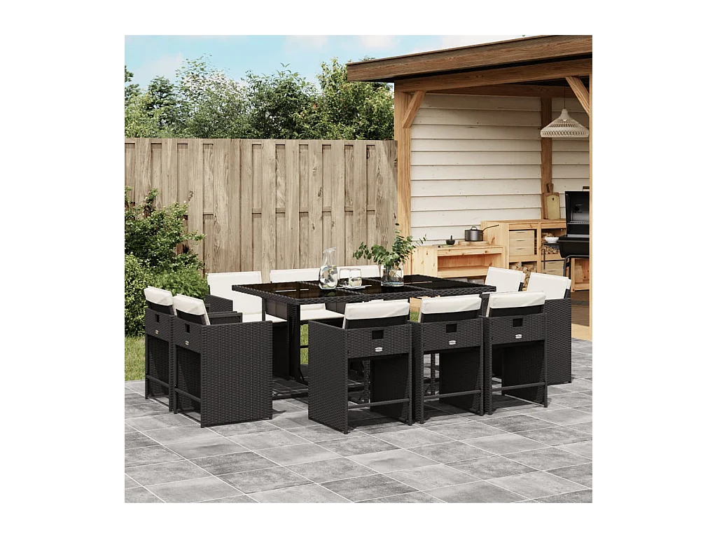 11-delige Tuinset met kussens poly rattan zwart