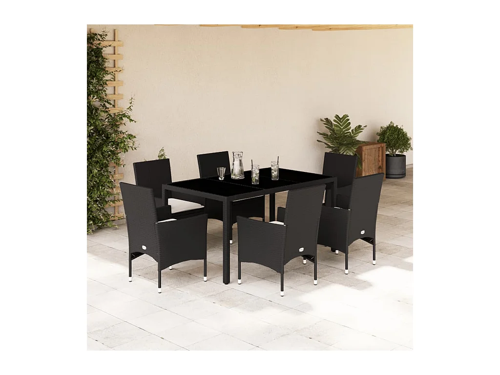 Ensemble à manger de jardin et coussins 7 pièces noir rotin acacia