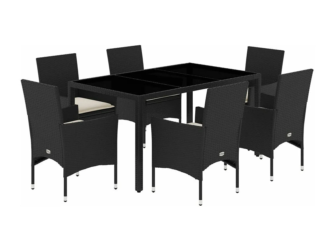 Set comedor jardín 7 piezas cojines ratán sintético vidrio negro