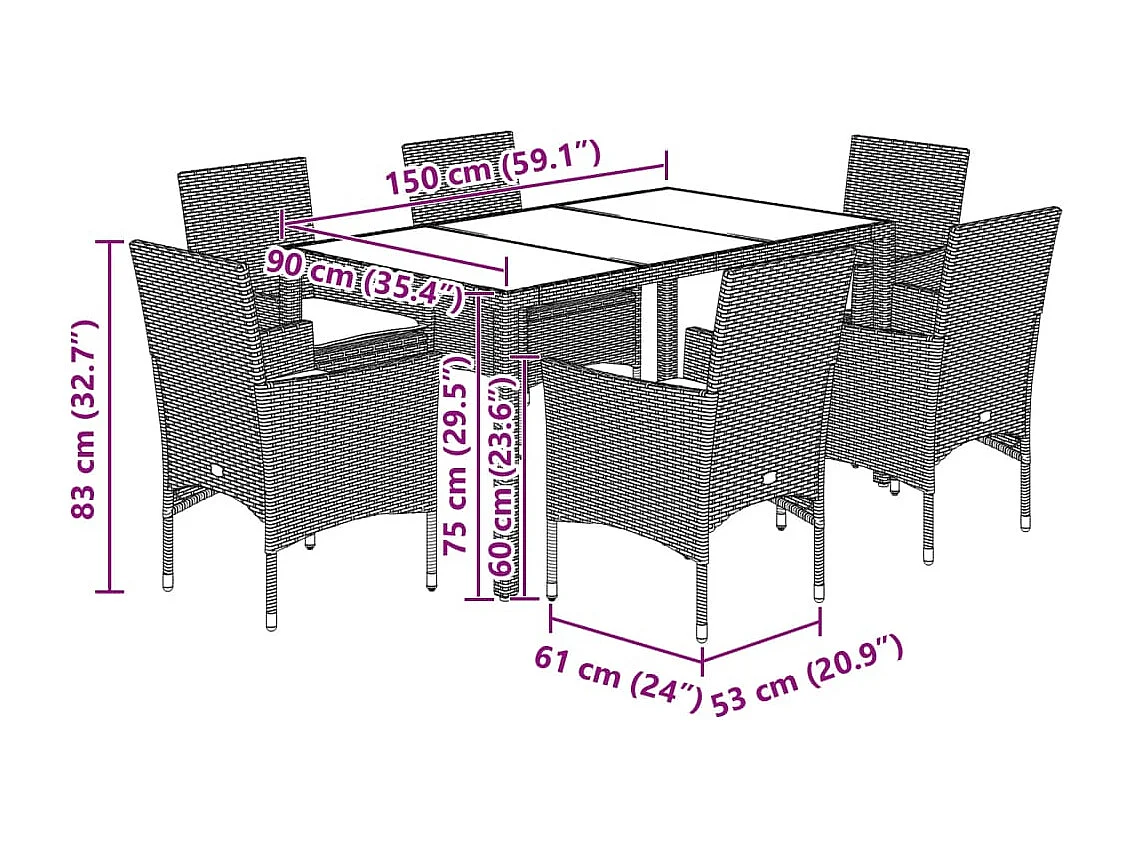 Set comedor jardín 7 piezas cojines ratán sintético vidrio negro