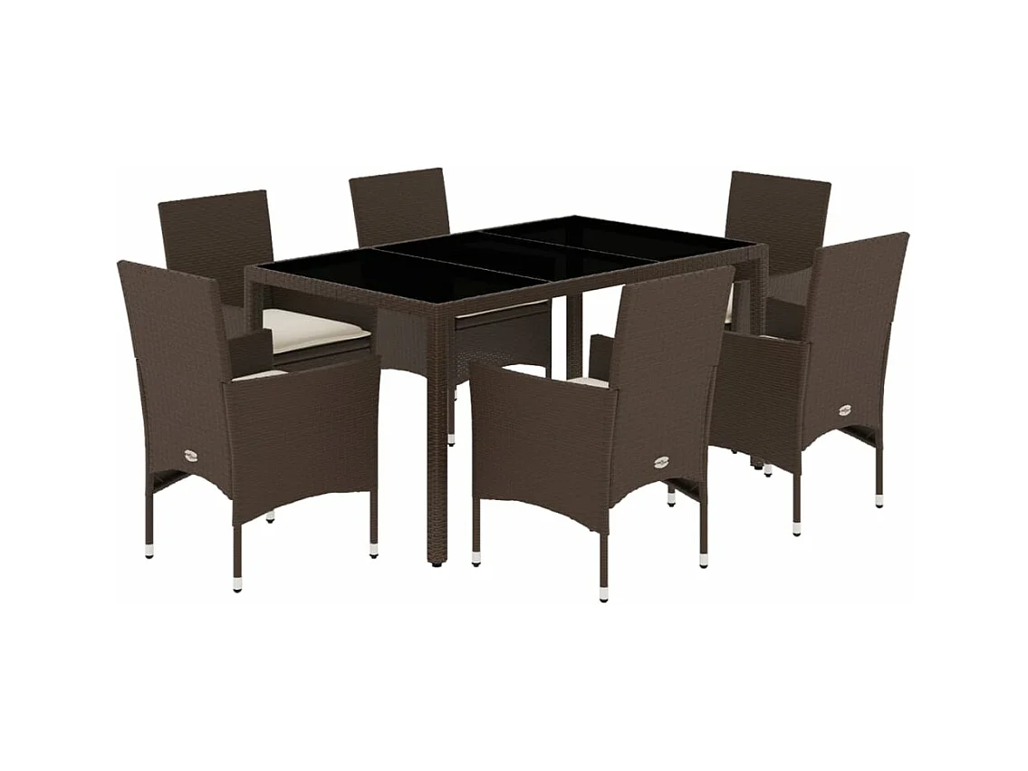Ensemble à manger de jardin et coussins 7 pièces marron rotin verre