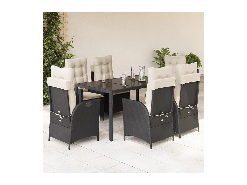 7 peças conjunto de jantar para jardim com almofadões vime PE preto