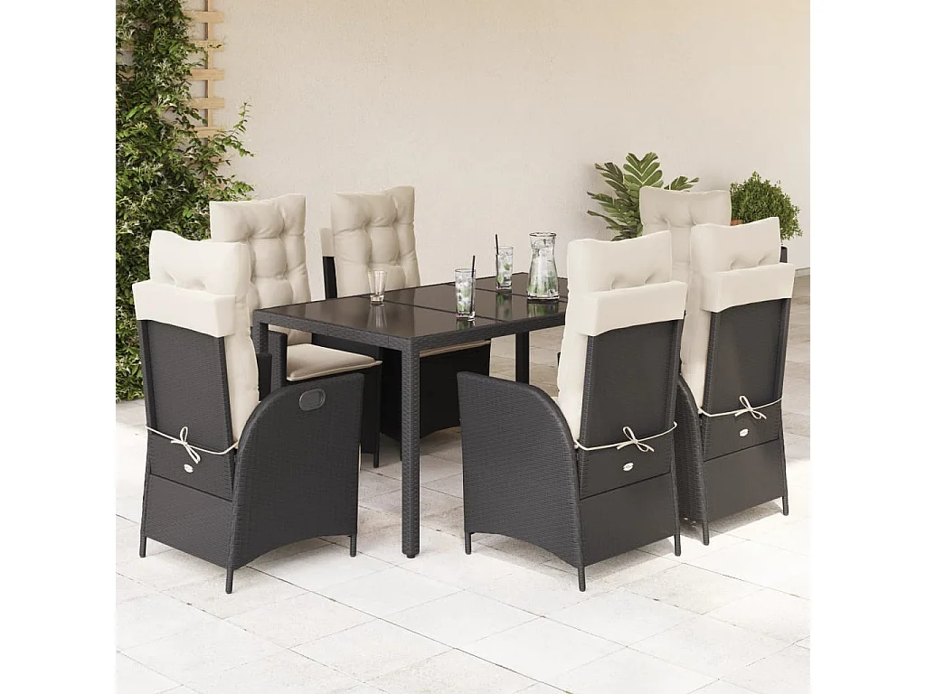 Set de comedor de jardín 7 piezas y cojines ratán sintético negro