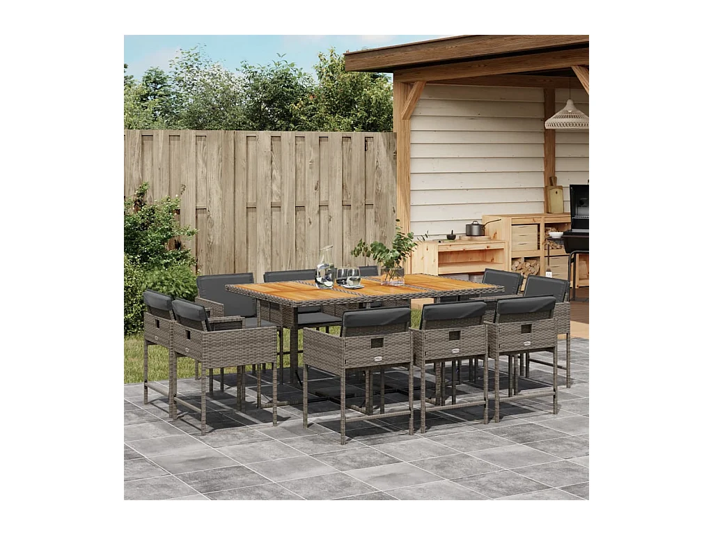 Ensemble à manger de jardin 11 pièces avec coussins gris poly rotin