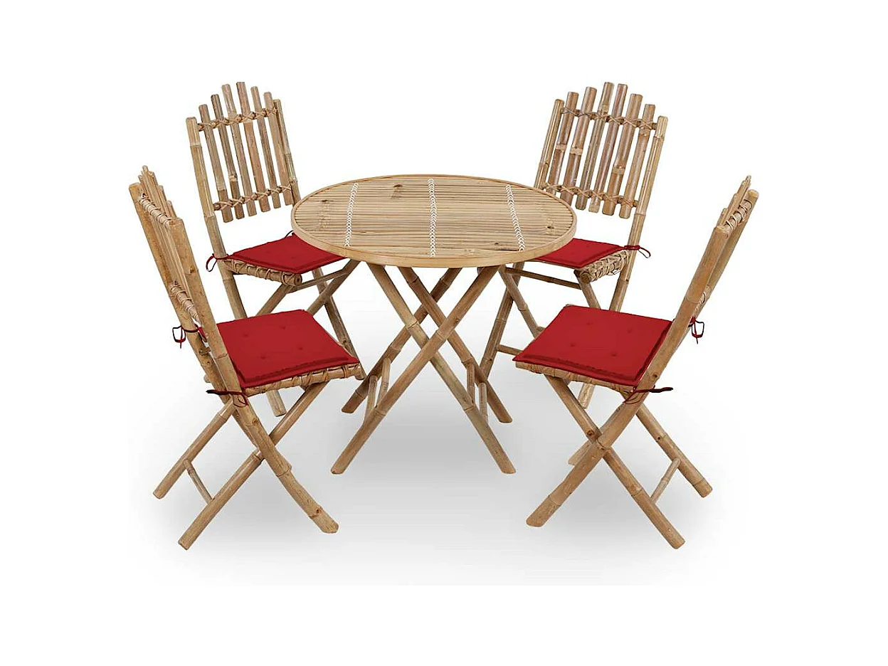 Mobilier à dîner d'extérieur pliable 5 pièces avec coussins Bambou