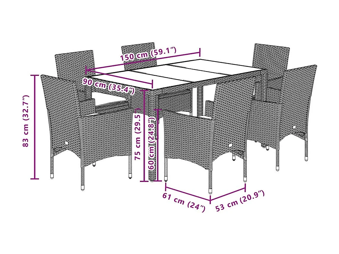 Ensemble à manger de jardin et coussins 7 pièces beige rotin verre
