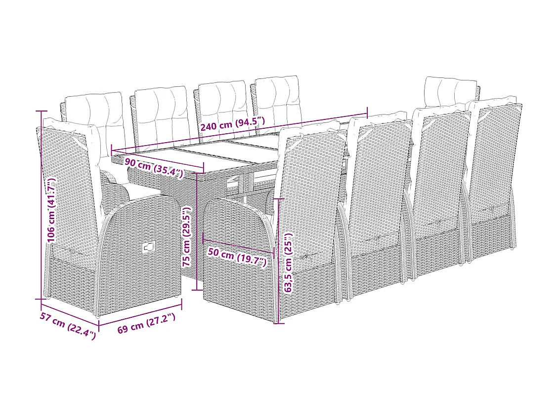 Set de comedor jardín 11 piezas con cojines ratán sintético negro