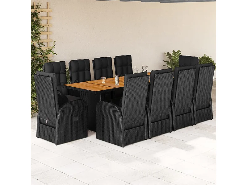 Set de comedor jardín 11 piezas con cojines ratán sintético negro