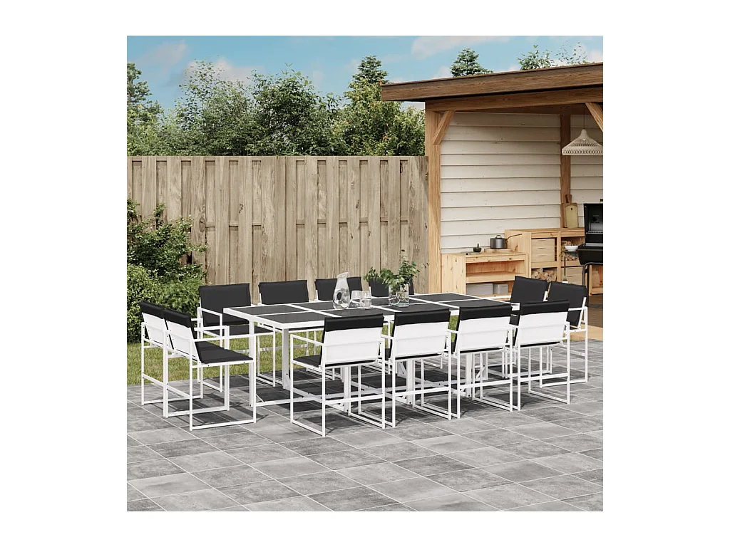 Ensemble à manger de jardin avec coussins 13 pièces blanc textilène