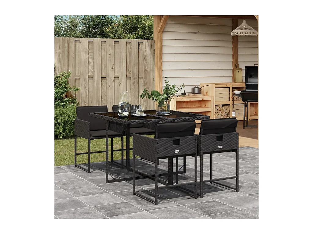 Set de muebles jardín 5 piezas con cojines ratán sintético negro