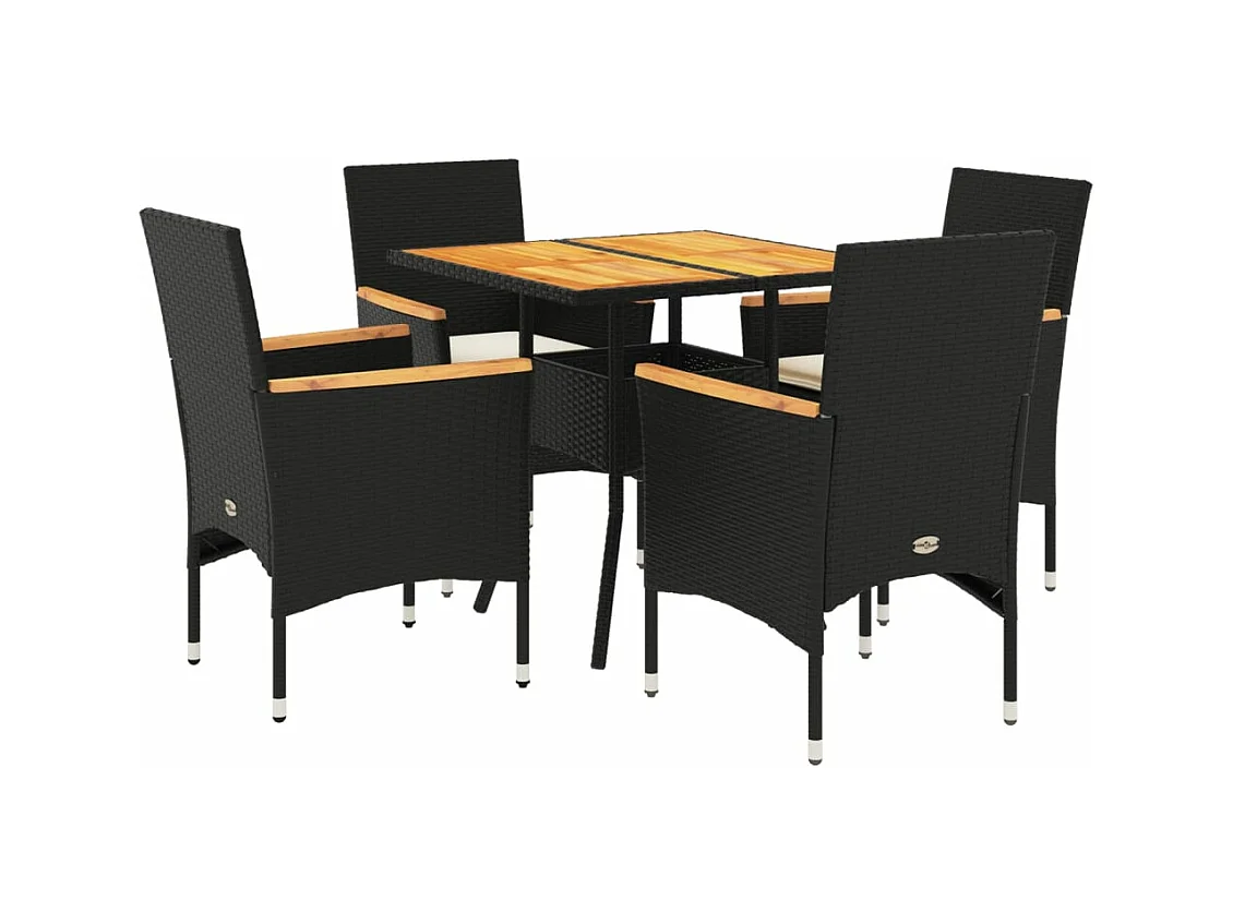 Ensemble à manger de jardin et coussins 5 pièces noir rotin acacia