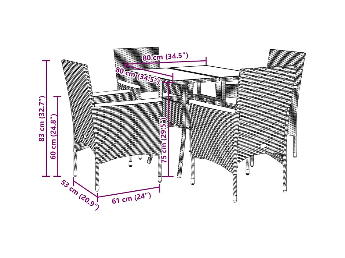 Ensemble à manger de jardin et coussins 5 pièces noir rotin acacia