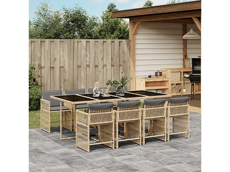 Ensemble à manger de jardin et coussins 9 pièces mélange beige
