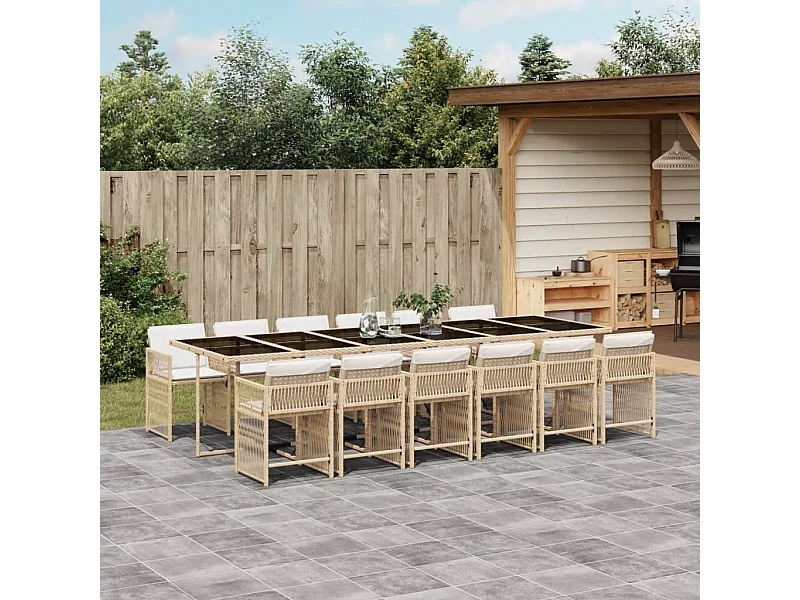 Ensemble à manger de jardin et coussins 13 pièces beige