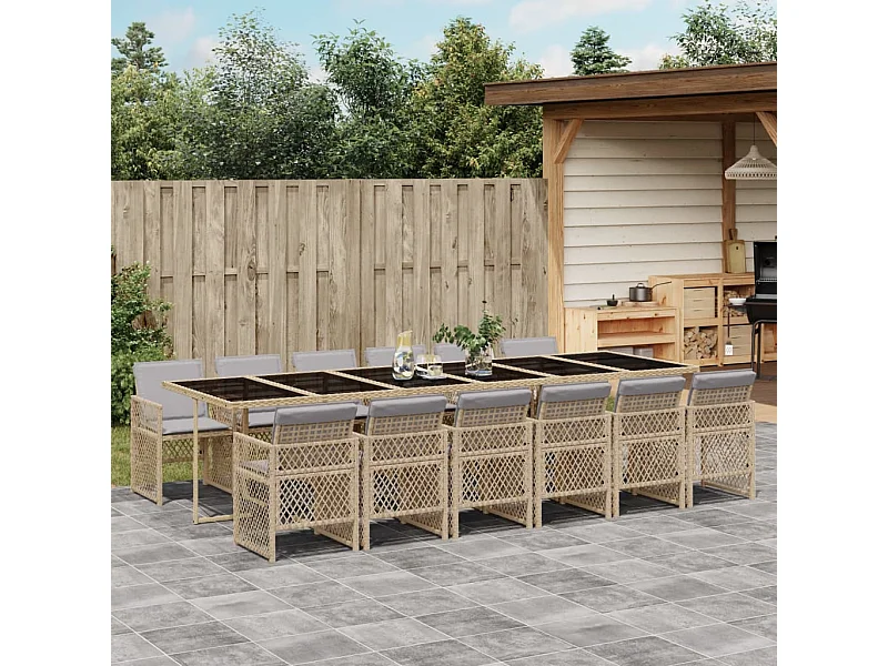 Ensemble à manger de jardin et coussins 13 pièces beige
