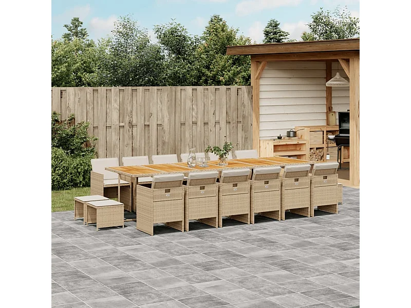Ensemble à manger de jardin et coussins 17 pièces beige